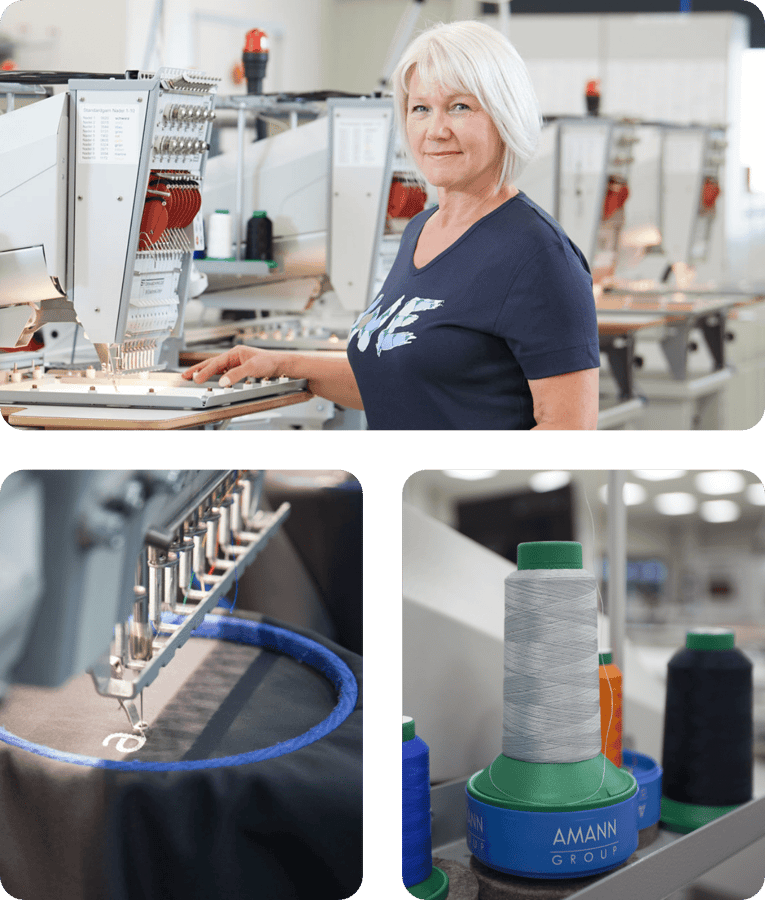 Mitarbeiterin an der Stickmaschine, Nahaufnahme der Sticknadel mit blauem Garn und farbige Garnspulen bei KinzigStick