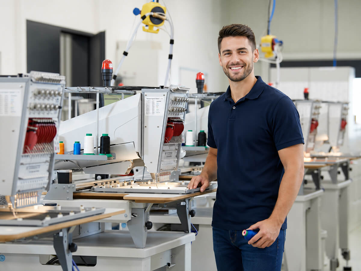 Mitarbeiter an Stickmaschine, Nahaufnahme Produktionshalle bei KinzigStick